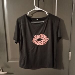 Black T-Shirt with Pink Leopard Print Lips
